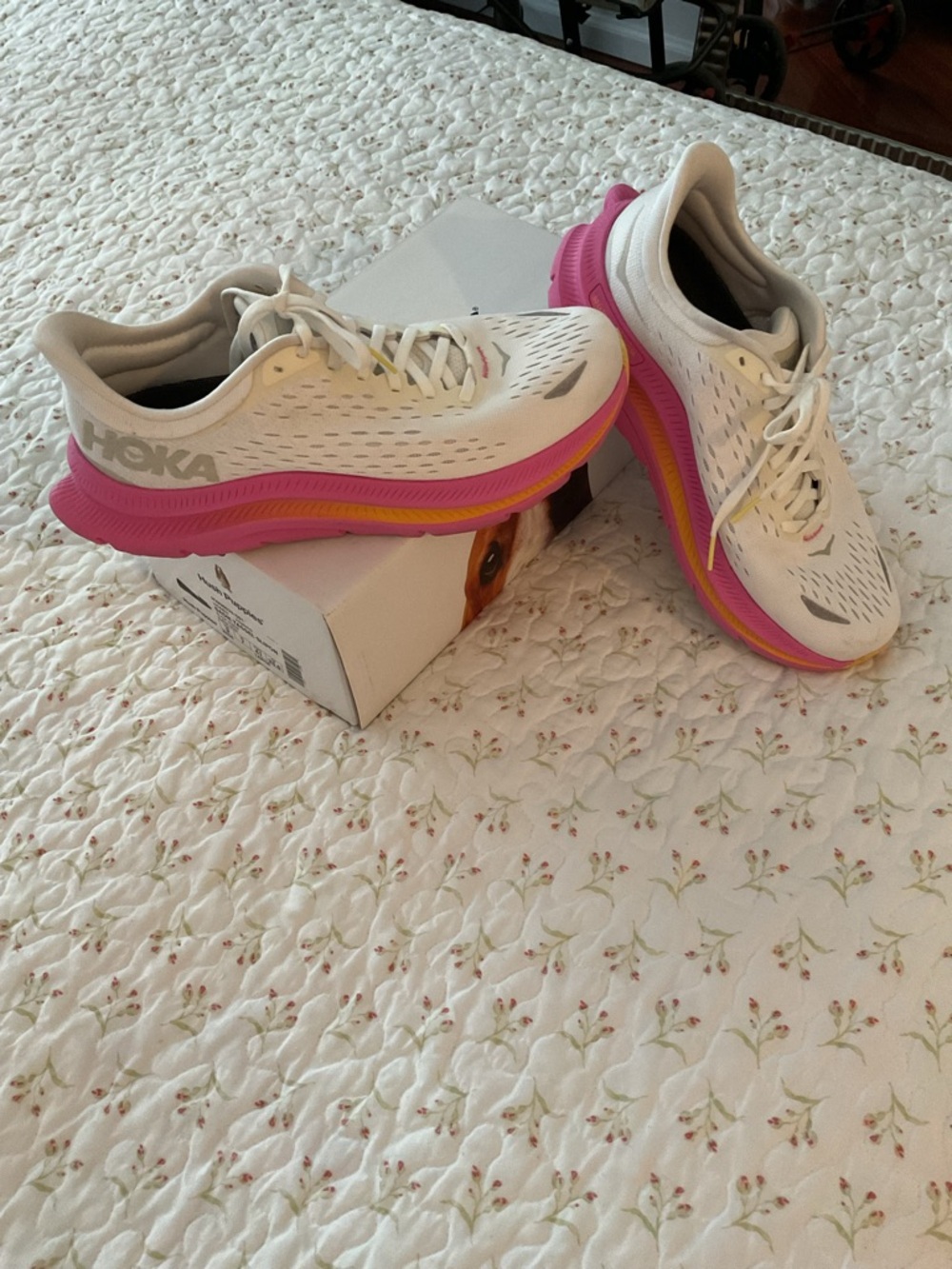 Hoka Women’s White Running Shoes with Pink and Yellow Midsole